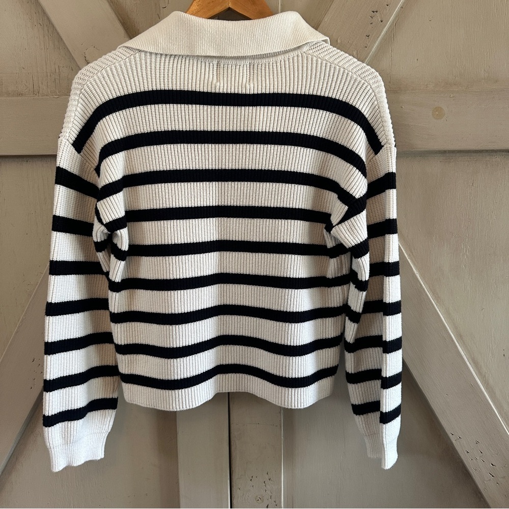 Elie Tahari Striped Collared Sweater M Black White Cropped Knit Preppy Chic - Picture 5 of 6